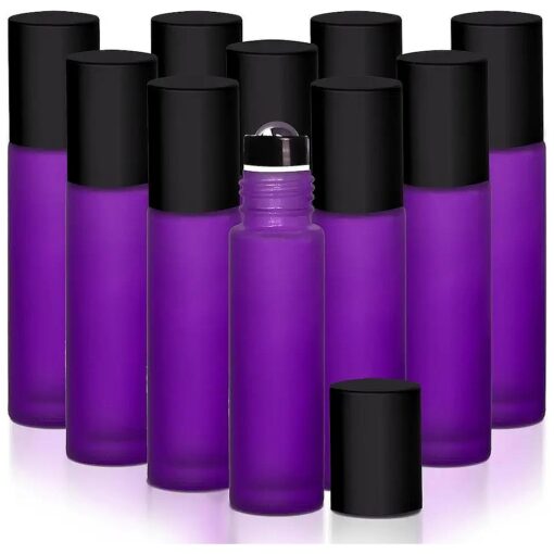 Your Oil Tools 10 Pack Essential Oil Roller Bottles, 10ml Empty Purple Frosted Glass Roll-on with Leak Guard Stainless Steel Roller Balls & Black Caps for oils and perfume