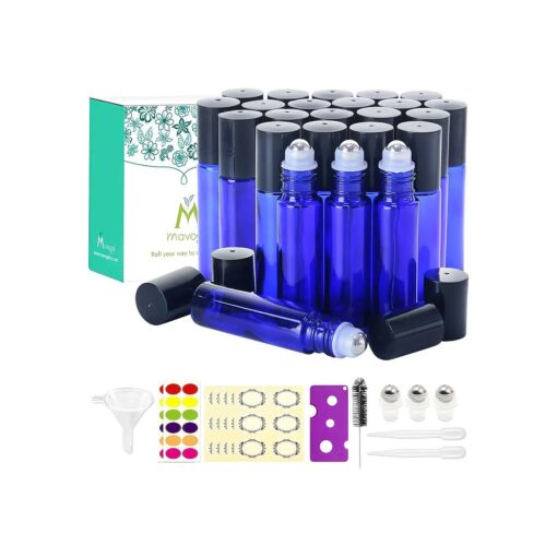 Mavogel 24,10ml Essential Oils Roller Bottles - Cobalt Blue, Glass with Stainless Steel Roller Balls ( 3 Extra Roller Balls, 54 Pieces Labels, Opener, Funnel, Dropper, Brush Included )