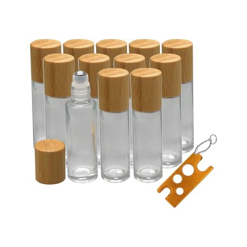 12Pcs 10ml Glass Roll On Bottle with Bamboo Lid for Essential Oils, Creatiee Eco-friendly Refillable Clear Perfume Sample Bottles with Stainless Steel Roller Ball - Portable & Practical ...