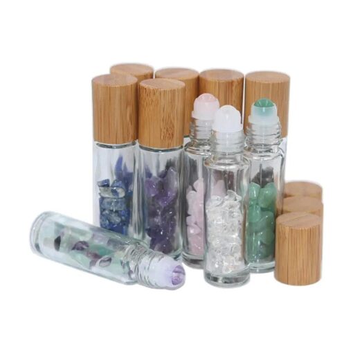 Wresty 10ml Roll On Bottle With Gemstone Rollerball & Crystal Chips Inside,10 Packs Glass Roller Bottles Essential Oil Sample Bottles ( Bamboo Lids )