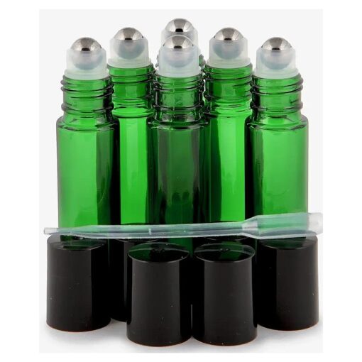 Vivaplex, 6, Green, 10 ml Glass Roll-on Bottles with Stainless Steel Roller Balls - .5 ml Dropper included