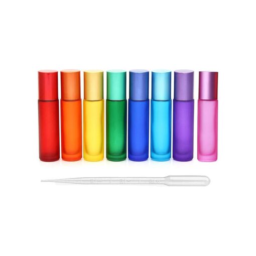 8Pcs 10ml ( 1/3oz ) High-grade Colorful Frosted Roll on Bottles Thick Glass Massage Roller Bottles Tube Vials Containers for Essential Oils, Aromatherapy, Perfumes and Lip Balms+ 1pc 3ml Dropper