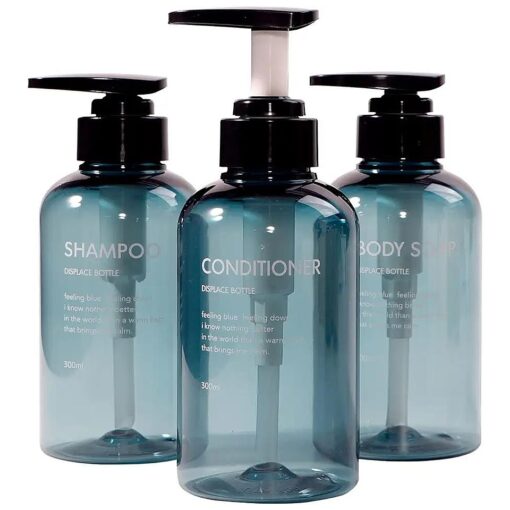 Shampoo Pump Bottle,10oz/300ml Clear Blue 3 Packs Shampoo Bottles Refillable Shampoo and Conditioner Bottles Dispenser for Bathroom, Kitchen, Hotel