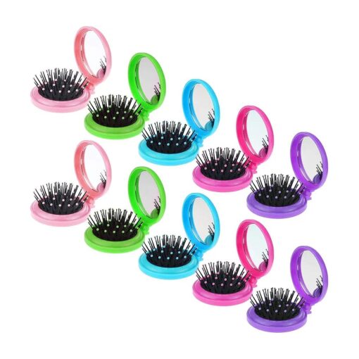 10pcs Folding Travel Mirror Hair Brushes Round Mirror Pocket Hair Brush Portable Mini Colourful Pop Up Hair Brushes Wet and Dry Hair for Women Girls Kids Hair Brush