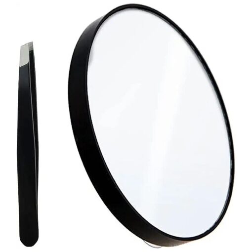 10X Magnifying Makeup Mirror with 1 Tweezers Portable Round Mirror 2 Suction Cups Travel Set for Eyebrow Tweezing Blackhead Blemish Removal Bathroom Magnified Cosmetic Mirror ( Diameter 4.3 inches )