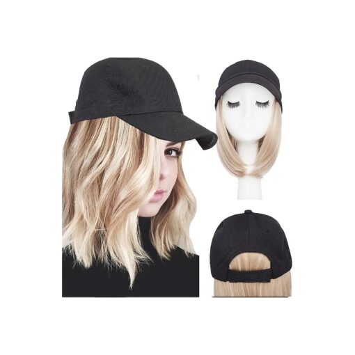 Hairro Hat with Hair Attached For Women Baseball Hat Wig Short Bob Hairstyle Synthetic Straight Adjustable Highlight Balayage Cap Hair Extensions 11" 170g # 16P613