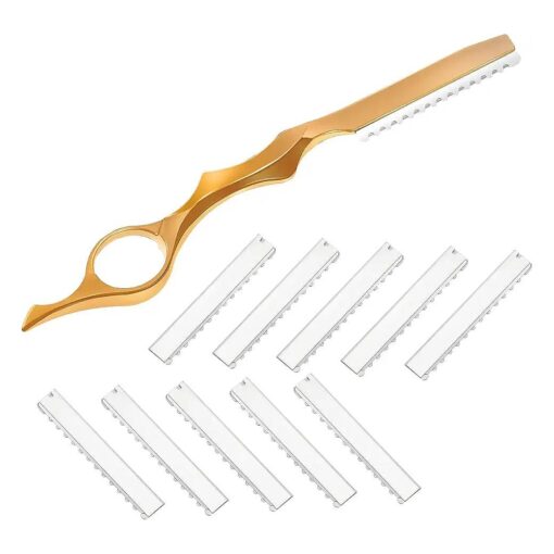 Mudder 11 Pieces Hair Styling Razor Hair Thinning Comb Hair Texturizing Cutting Razor Comb with Replacement Stainless Steel Razors for Salon Home Use ( Gold )