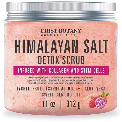 First Botany, Himalayan Salt Body Scrub with Collagen & Stem Cells, Natural Exfoliating Salt Scrub Body & Face Souffle helps with Moisturizing Skin, Acne, Cellulite, Dead Skin Scars, Wrinkles, 11 oz