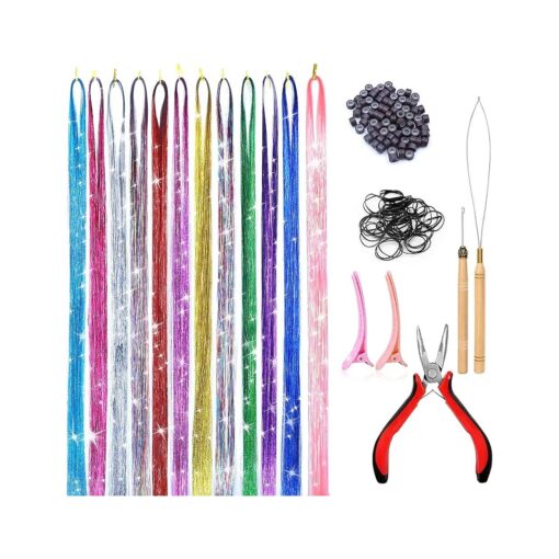 12 Colors Hair Tinsel for Girls, 47 Inches Hair Tinsel Kit with Tool, 2400 Strands Tinsel Hair Extensions for Women, Fairy Hair Tinsel Glitter Sparkling Shiny Hair for Christmas Party