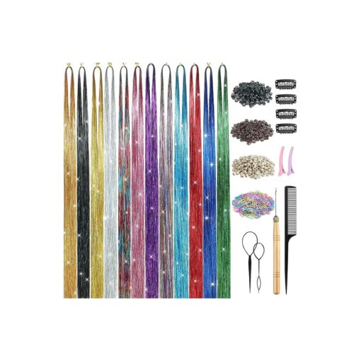 Hair Tinsel Kit 48 Inches Tinsel Hair Extensions Kit with Tools 12 Colors 2400 Strands Fairy Hair Tinsel Heat Resistant Highlights Sparkling Glitter Hair Extensions Hair Tensile Kit for Women Girls