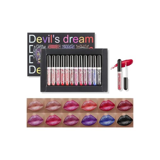 12 Colors Glitter Lip Gloss Set, 12Pcs Diamond Shimmer Metallic Liquid Lipstick Set, Long Lasting Waterproof Non-stick Cup Lip Gloss Glow Cosmetic Kit