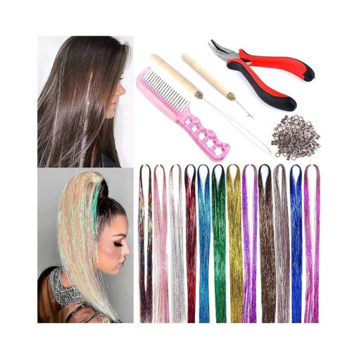 Hair Tinsel with Tools, 12 Colors 1800 Strands Sparkling Shiny Tinsel Hair Extensions, Hair Tinsel Strands Kit for Women Girls ( 39 Inches 12 Colors )