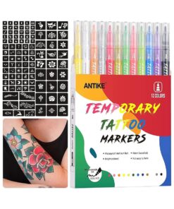 ANTIKE Temporary Tattoo Markers for Skin,12 Colors Washable Body Tattoo Pens+104 Unique Tattoo Stencils, Body Markers Temporary Tattoo Kit for Teens and Adult ZYH2311001KIT