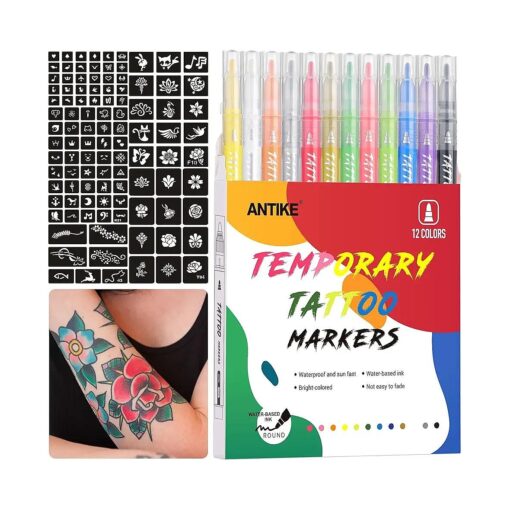 ANTIKE Temporary Tattoo Markers for Skin,12 Colors Washable Body Tattoo Pens+104 Unique Tattoo Stencils, Body Markers Temporary Tattoo Kit for Teens and Adult ZYH2311001KIT