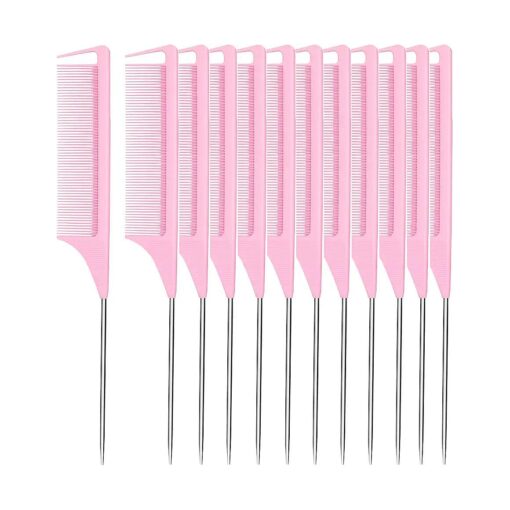 Rat Tail Combs 12 PCS, Parting Combs for Braiding Hair Carbon fiber heat-resistant anti-static, for Sectioning, Parting, Styling Hair ( Pink )