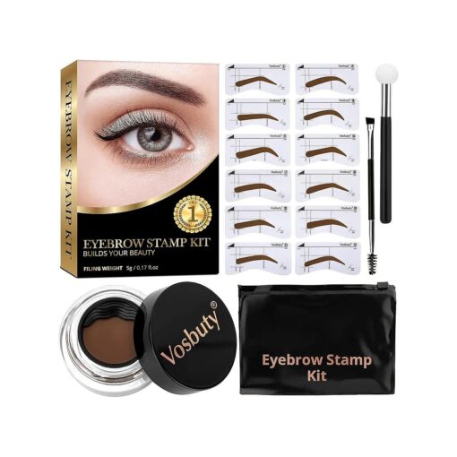 Eyebrow Stamp Stencil Kit-Eye Brow Stamping Kit- Brow Stencil and Stamp Kit -Waterproof Long-lasting Bushy Eyebrows-12 Eyebrow Shapes ( Light Brown )