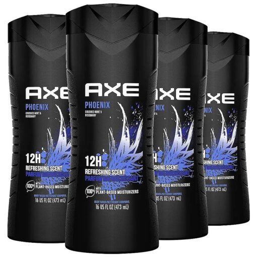 AXE Body Wash Phoenix 12h Refreshing Scent Crushed Mint & Rosemary 4 count Men 's Body Wash with 100 % Plant-Based Moisturizers 16 oz