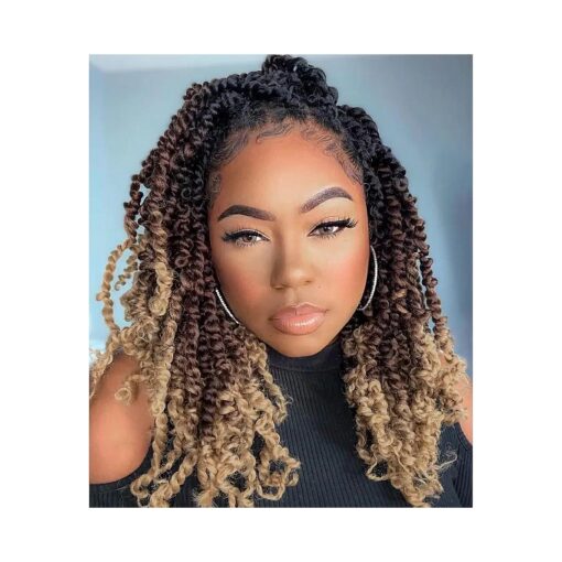 Leeven 8 Packs Pre Twisted Passion Twist Crochet Hair 12 Inch 3 Tone Ombre Brown Pre Looped Short Bomb Twists Curly Ends Bohemian Braids Synthetic Hair Extensions for Women 12 Strands/Pack # 1B/30/27