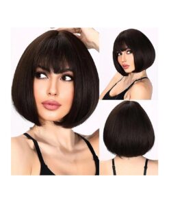 12 Inch Short Bob Wigs with Bangs, Straight Bob Wigs for Women, Synthetic Short Bob Wigs Heat Resistant Fiber Wigs for Daily Party Cosplay ( Brown )