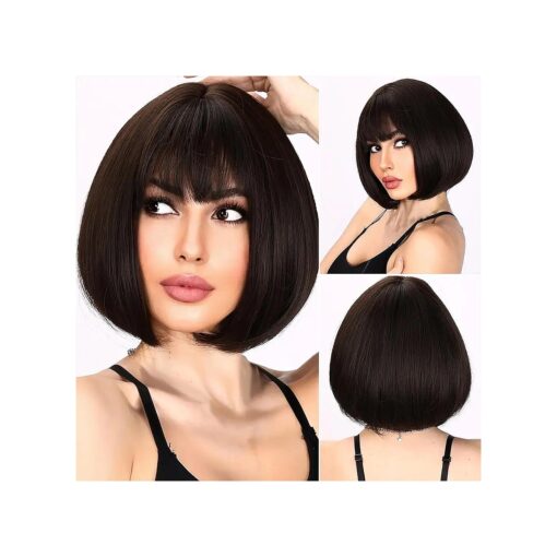 12 Inch Short Bob Wigs with Bangs, Straight Bob Wigs for Women, Synthetic Short Bob Wigs Heat Resistant Fiber Wigs for Daily Party Cosplay ( Brown )