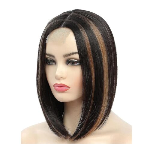 HighLight Brown Short Bob Wigs Straight Synthetic Hair Heat Resistant Fiber Natural Looking Daily Cosplay Party Wigs for Women Ombre Brown Color Black Mixed Brown 12 Inch