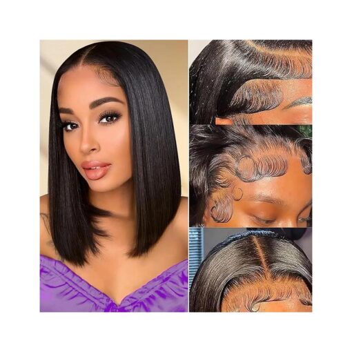 Bob Wig Human Hair 13x4 HD Lace Front Wig 180 % Density Frontal Lace Wigs 12 Inch Human Hair Straight Bob Lace Front Wigs Human Hair Pre Plucked Human Hair Wigs For Black Women Natural Black Bob Wig