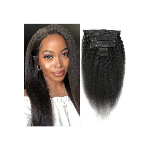 Kinky Straight Clip In Hair Extensions for Black Women Real Human Hair Coarse Yaki Clip Ins Hair Extensions, Brazilian Remy Kinky Straight Clip ins Hair Natural Black 7Pcs 100Gram/Pack ( 12 Inch )