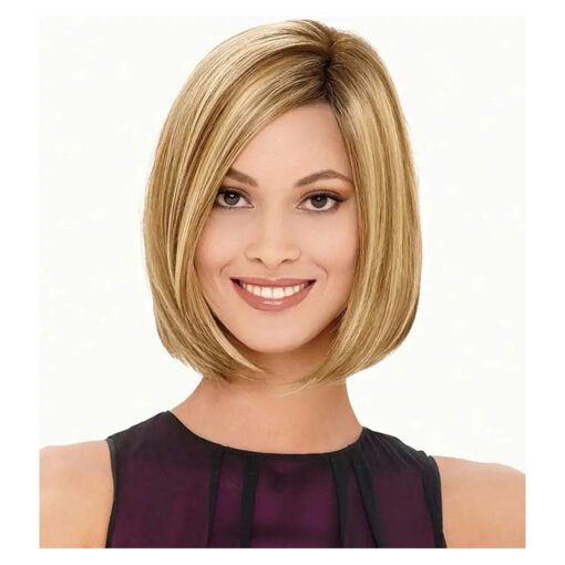 RENERSHOW Short Ombre Blonde Bob Wigs for Women 12 inch Cute Straight Bob Wigs for Girls Mixed Blonde Highlight Synthetic Wig Pixie Cut Hair Replacement Wigs