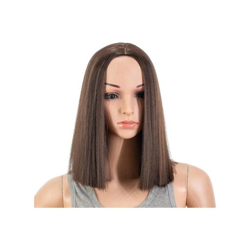 SWACC 12 Inch Short Length Straight Middle Part Hair Wig Synthetic Heat Resistant Wigs for Women with Wig Cap ( Dark Brown-4 # )