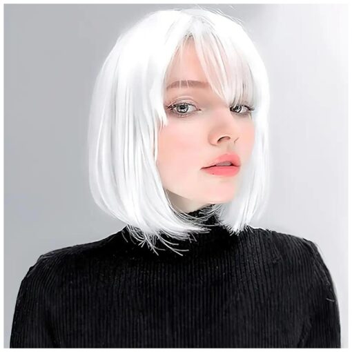 White Bob Wig with Bangs for Women 12 Inch Short Straight White Wigs Synthetic Colored Wigs