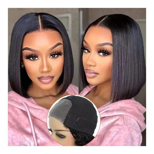 Wear and Go Glueless Wigs Human Hair Pre Plucked Pre Cut Bob Wig Human Hair 12 Inch Straight Bob Wig Human Hair Gluleless Hd Lace Front Wigs for Beginners 4x4 Lace Closure Wig for Black Women