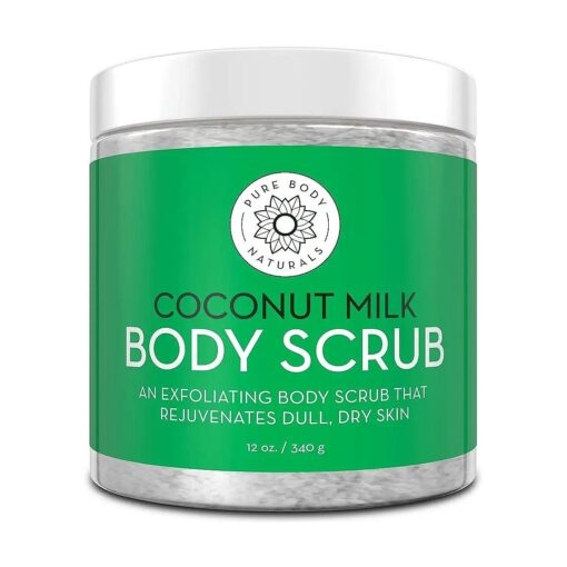 Pure Body Naturals Exfoliating Body Scrub with Hydrating Coconut Milk and Detoxifying Dead Sea Salt, Moisturizing Exfoliating Scrub, 12 Ounce ( Packaging Varies )