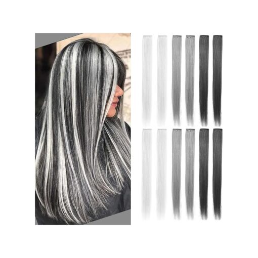 12 PCS Multi Colored Hair Extensions Clip in Kids Grey Hairpieces Party Highlights DIY Gray Hair Accessories for Girls Women 21 Inches Long Hair ( Black gray, Dark gray, Light gray )