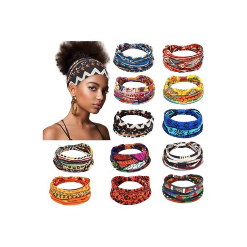 12 Pcs African Headbands for Women Head Wraps Hair Wrap Yoga Boho Chiffon Knotted Assorted Bandeau Headbands Wide Yoga Elastic African Gifts Hair Accessories for Girls Lady Running ( Vivid )