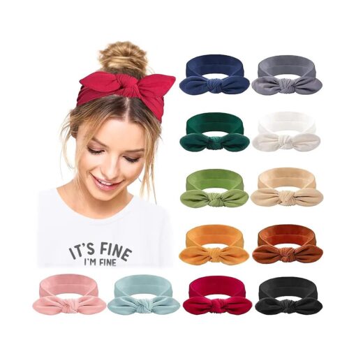 Jesries Headbands for Women Non Slip Hair Bands with Bows Rabbit Ears Workout Running Sport Sweat Elastic Hair Wrap for Girls Hair Accessories 12 Pack