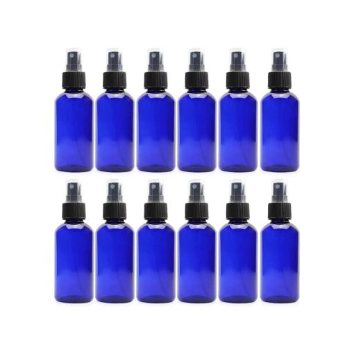 4oz Blue PLASTIC Fine Mist Spray Bottles ( 12-Pack w/ Black Sprayers ) ; BPA-Free Plastic Spritzer Bottles, Labels Included ; PET # 1 Plastic Bottles