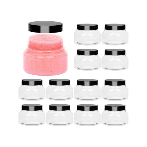 12 Pack 8 oz Plastic Tuscany Jars with Lids and Labels - Refillable Round Plastic Body Scrub Containers Empty Cosmetic Travel Containers for Cream, Lotion, Sugar Scrub, Body Butter