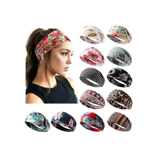 12 Pack Headbands for Women Boho Printed Non Slip Hair Band Sport Yoga Running Elastic Sweat Hair Wrap for Girls