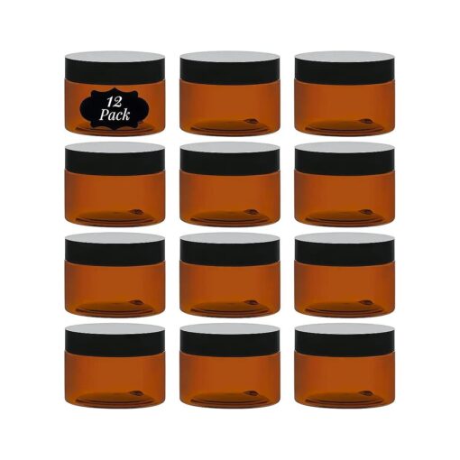 TUZAZO 4 Oz Amber Plastic Cosmetic Jars Leak Proof Small Container with lids for Cream, Lotion, Powder, Ointments, Beauty Products, 12 Pcs