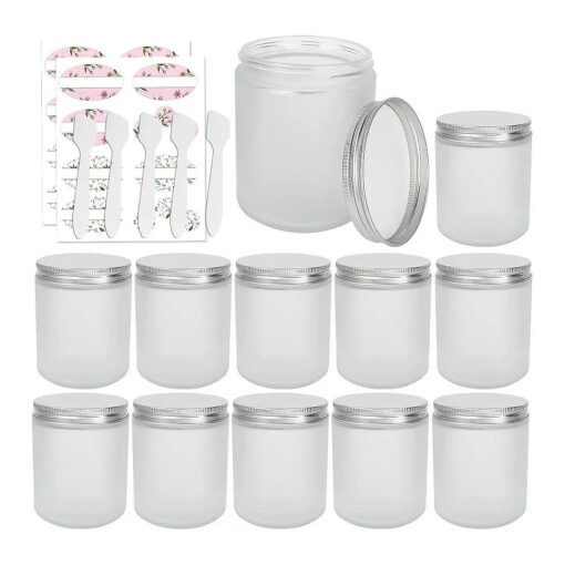 12 Pack 8 oz Round Frosted Glass Jars with Silver Metal Lids, 240ml Matte Clear Empty Candle Jars Cosmetic Jars Food Storage Containers, Canning Jars For Spice, Powder, Liquid, Sample, Face Cream Lotion