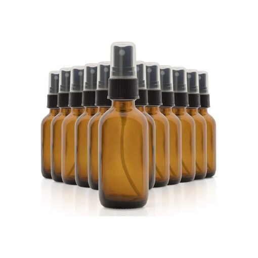 1790 2oz Glass Spray Bottles for Essential Oils, Small Empty Spray Bottle, Fine Mist Spray - Set of 12 Amber Bottles with Black Mister Tops