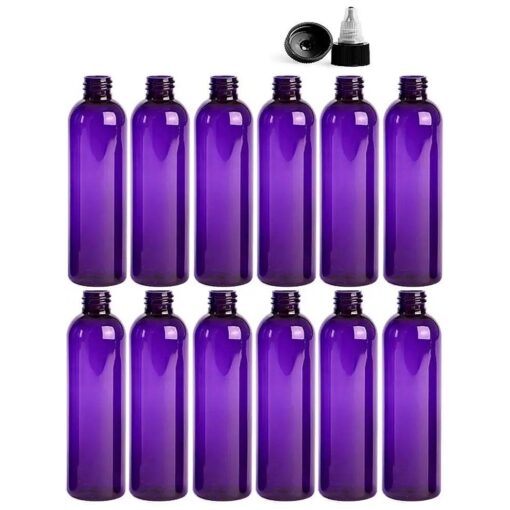 8 Ounce Cosmo Round Bottles, PET Plastic Empty Refillable BPA-Free, with Black/Natural Twist Top Caps ( Pack of 12 ) ( Purple )