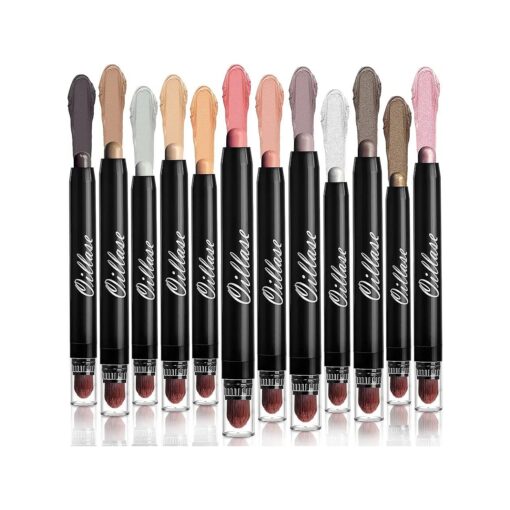 Oillase 12 PCS Eyeshadow Stick Sets with Smudge Proof Eyeshadow Primer Base, Glitter, Shimmer and Matte Eyeshadow Pen/Pencil Crayon with Soft Brush, Cream Eye Shadow Stick Makeup ,