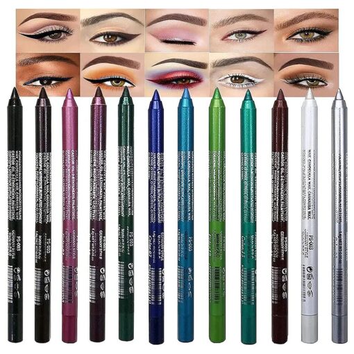 evpct 12Pcs Green Blue White Black Brown Purple Color Gel Glitter Eyeliner Pencils Set for Women Waterline Waterproof Smudge Proof lapiz de ojos delineador de ojos contra el agua Eye Liner Makeup 1