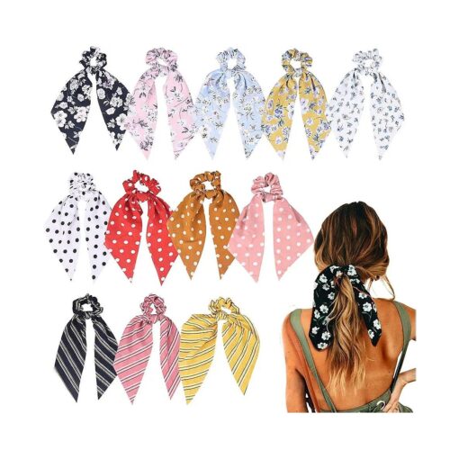 12 Pcs Hair Scarf/ Scrunchies Chiffon Floral Ponytail Holder Scrunchy Bands Ties 2 in 1 Vintage Accessories for Women Girls