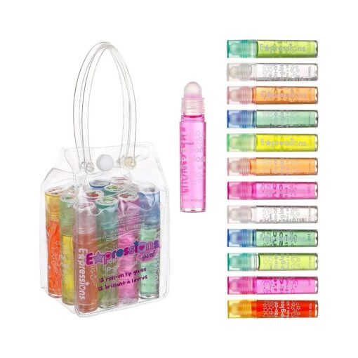 Expressions girl 12pc Roll On Lip Gloss Set with Carrying Case, Glossy Lip Make-up for Kids and Teens - Fruity Flavors, Non Toxic, Kid Friendly, Party Gift, Best Friends