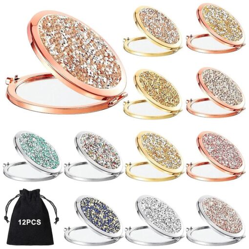 12 Pcs Small Compact Mirror Folding Pocket Makeup Mirror Round Hand Held Mirror Cosmetic Magnifying Compact Mirror Rhinestone Mirror with 1X/2X Magnification for Women Girls Travel ( Blended Colors )