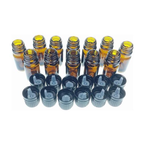 Wild Essentials 5ml Amber Glass Bottles with Euro Dropper Caps ( 12 Pack ) - Great for Essential Oils, Perfumes and DIY Aromatherapy - Easy to Fill, Clean and Reuse - Protective and Durable