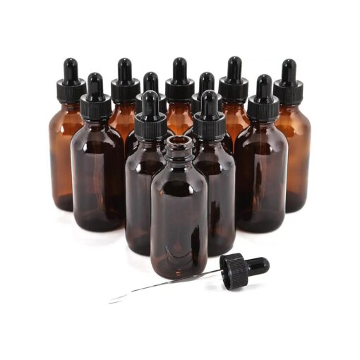 12, Amber, 2 oz Glass Bottles, with Glass Eye Droppers