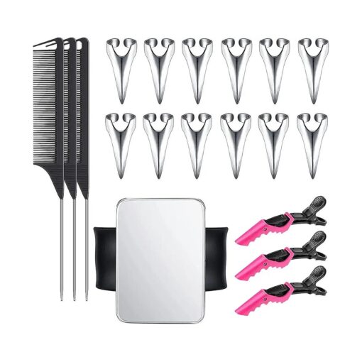 12 Pieces Silver Hair Selecting Ring and 6 Pieces Steel Pin Rat Tail combs and Clips with Magnetic Wrist, Hair Parting Tool with Wrist Magnetic Pin Holder Salon Set for Braiding Selecting Curling